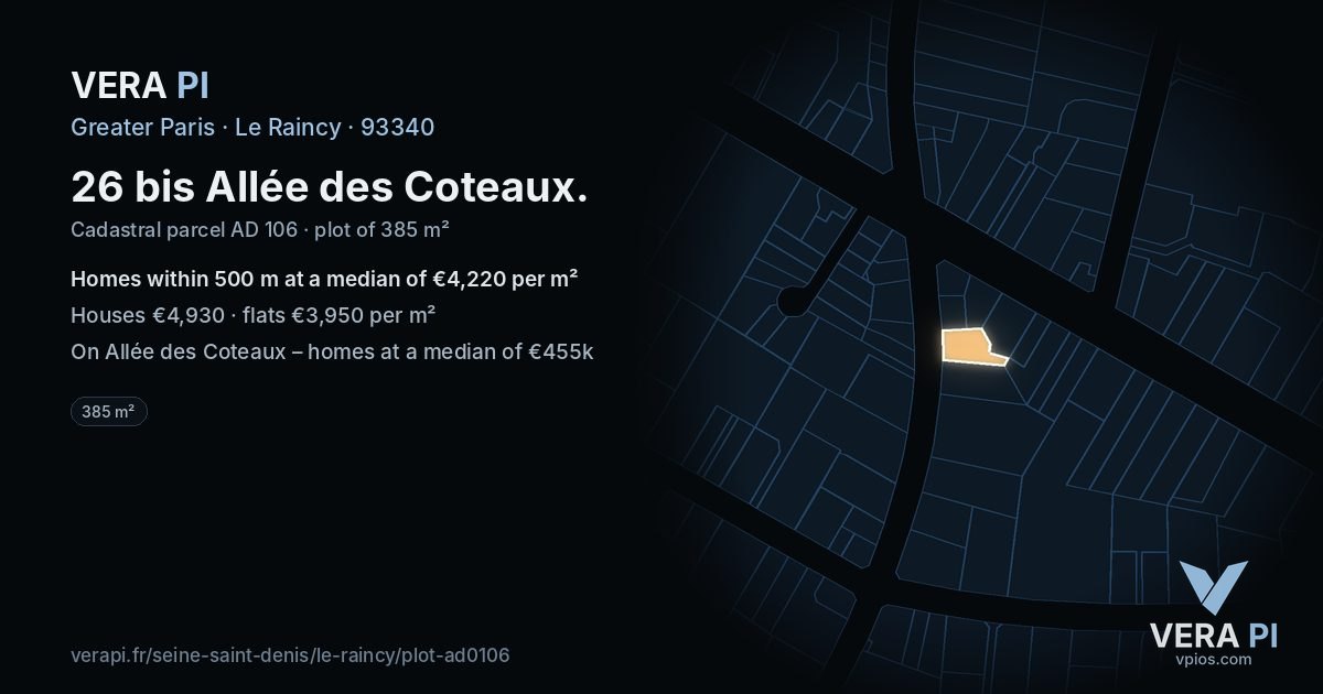 26 bis Allée des Coteaux, Le Raincy at night – the plot lit, the parcels around coloured by the prices near them