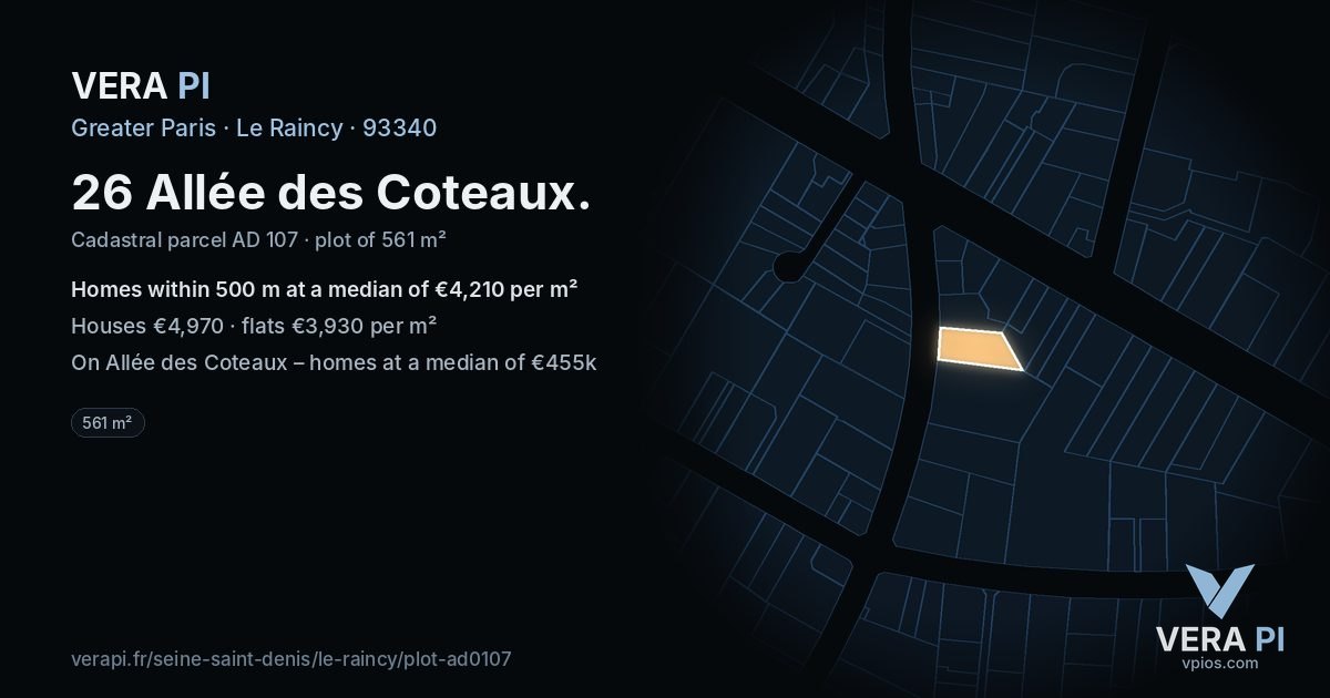 26 Allée des Coteaux, Le Raincy at night – the plot lit, the parcels around coloured by the prices near them