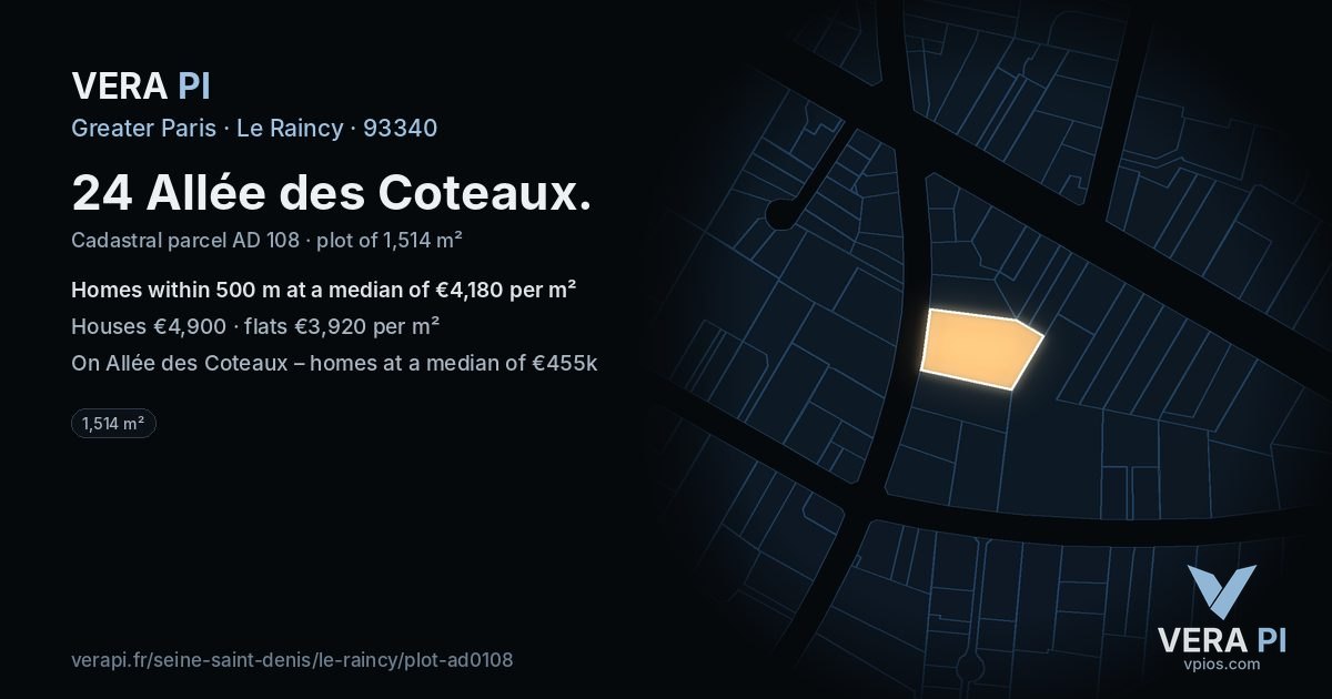 24 Allée des Coteaux, Le Raincy at night – the plot lit, the parcels around coloured by the prices near them
