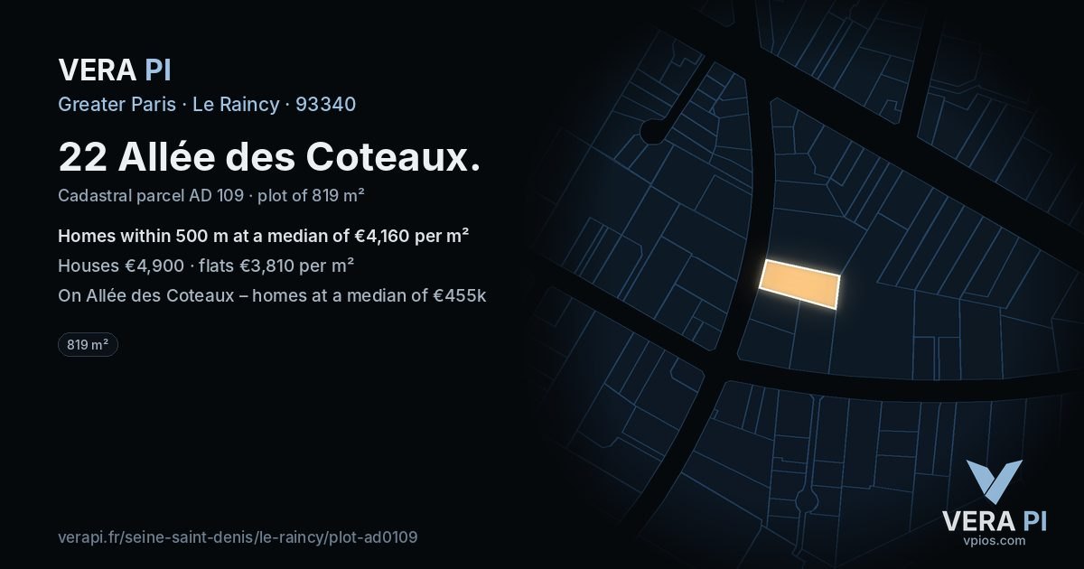 22 Allée des Coteaux, Le Raincy at night – the plot lit, the parcels around coloured by the prices near them
