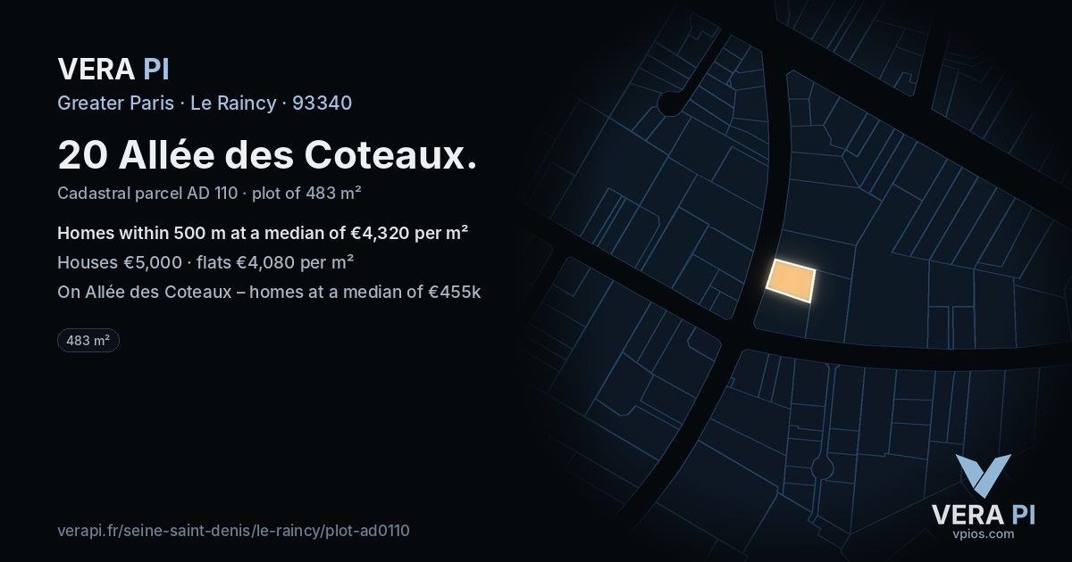 20 Allée des Coteaux, Le Raincy at night – the plot lit, the parcels around coloured by the prices near them