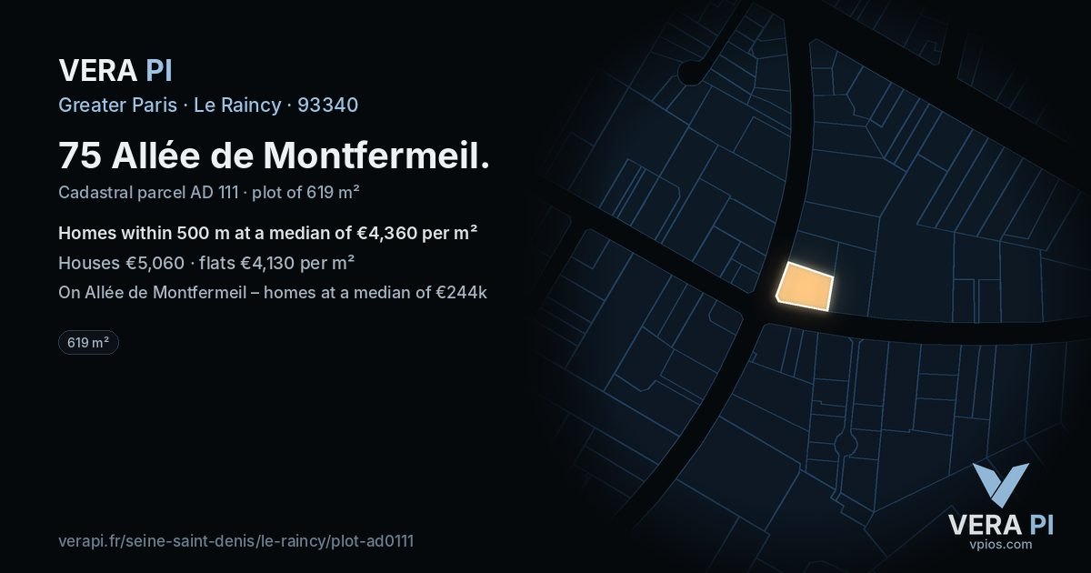 75 Allée de Montfermeil, Le Raincy at night – the plot lit, the parcels around coloured by the prices near them