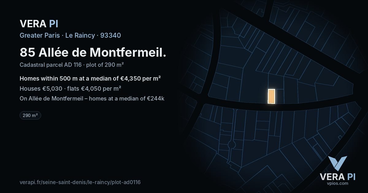 85 Allée de Montfermeil, Le Raincy at night – the plot lit, the parcels around coloured by the prices near them