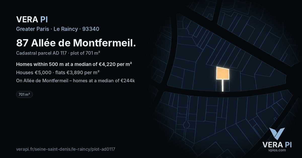 87 Allée de Montfermeil, Le Raincy at night – the plot lit, the parcels around coloured by the prices near them