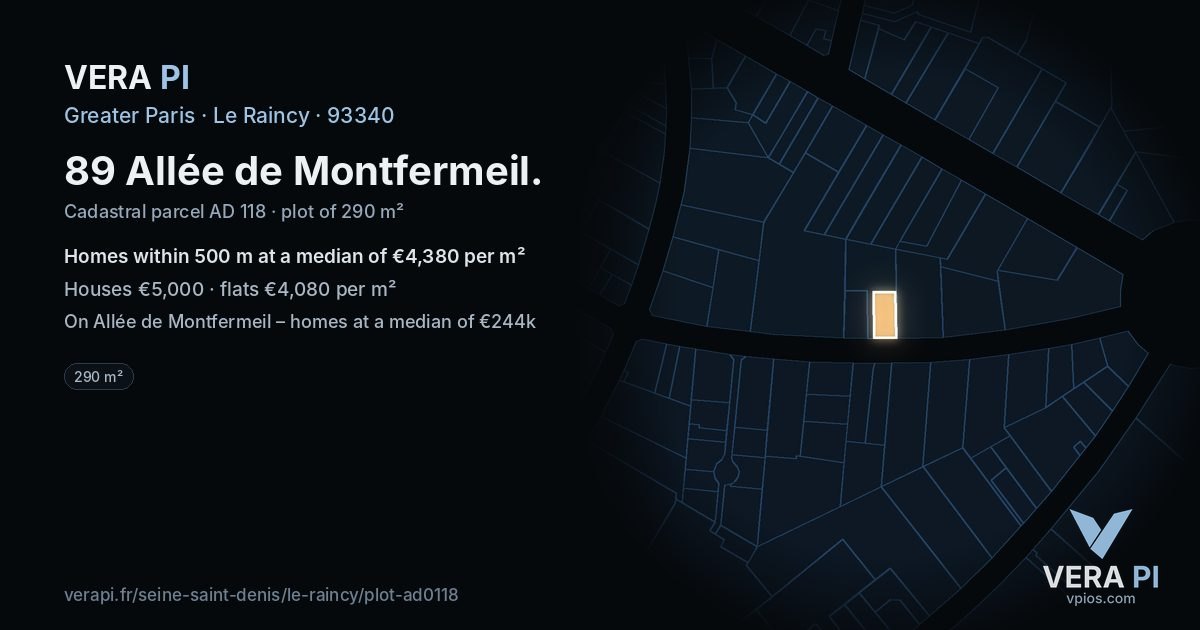 89 Allée de Montfermeil, Le Raincy at night – the plot lit, the parcels around coloured by the prices near them