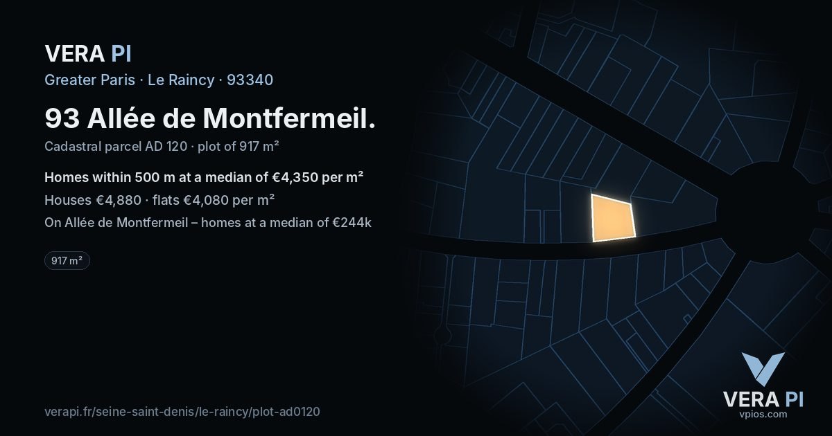 93 Allée de Montfermeil, Le Raincy at night – the plot lit, the parcels around coloured by the prices near them
