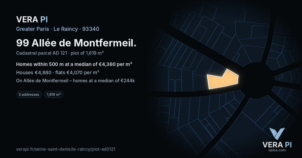 99 Allée de Montfermeil, Le Raincy at night – the plot lit, the parcels around coloured by the prices near them