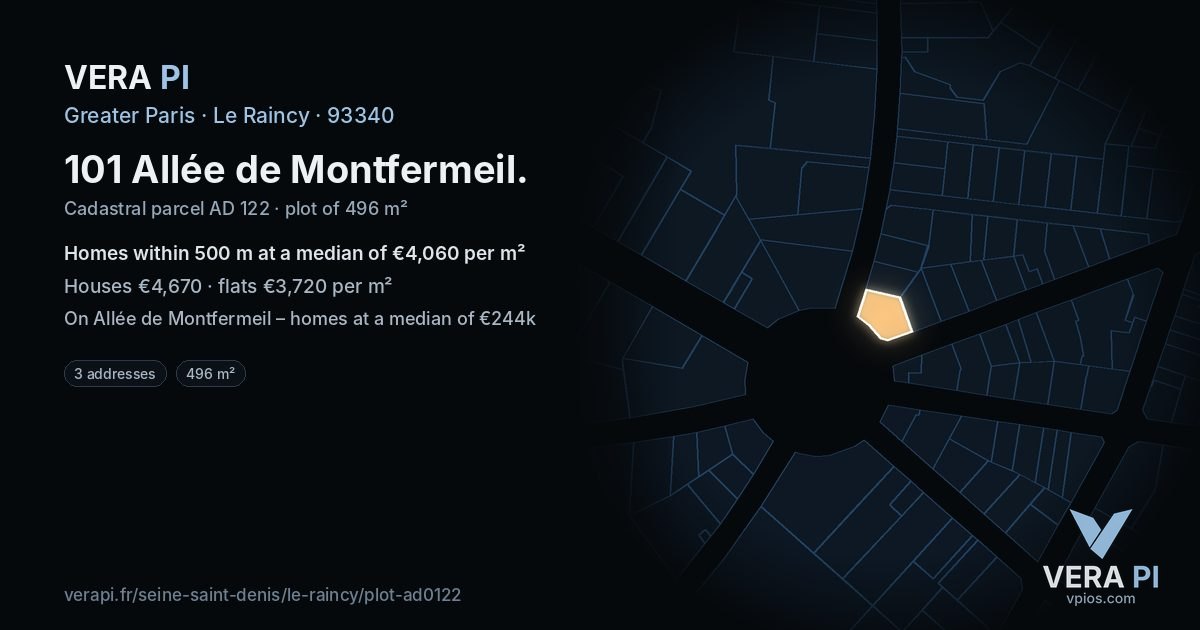 101 Allée de Montfermeil, Le Raincy at night – the plot lit, the parcels around coloured by the prices near them