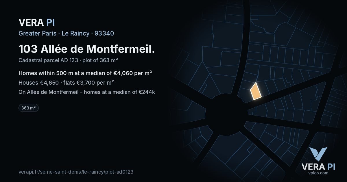 103 Allée de Montfermeil, Le Raincy at night – the plot lit, the parcels around coloured by the prices near them