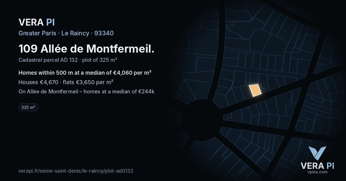 109 Allée de Montfermeil, Le Raincy at night – the plot lit, the parcels around coloured by the prices near them