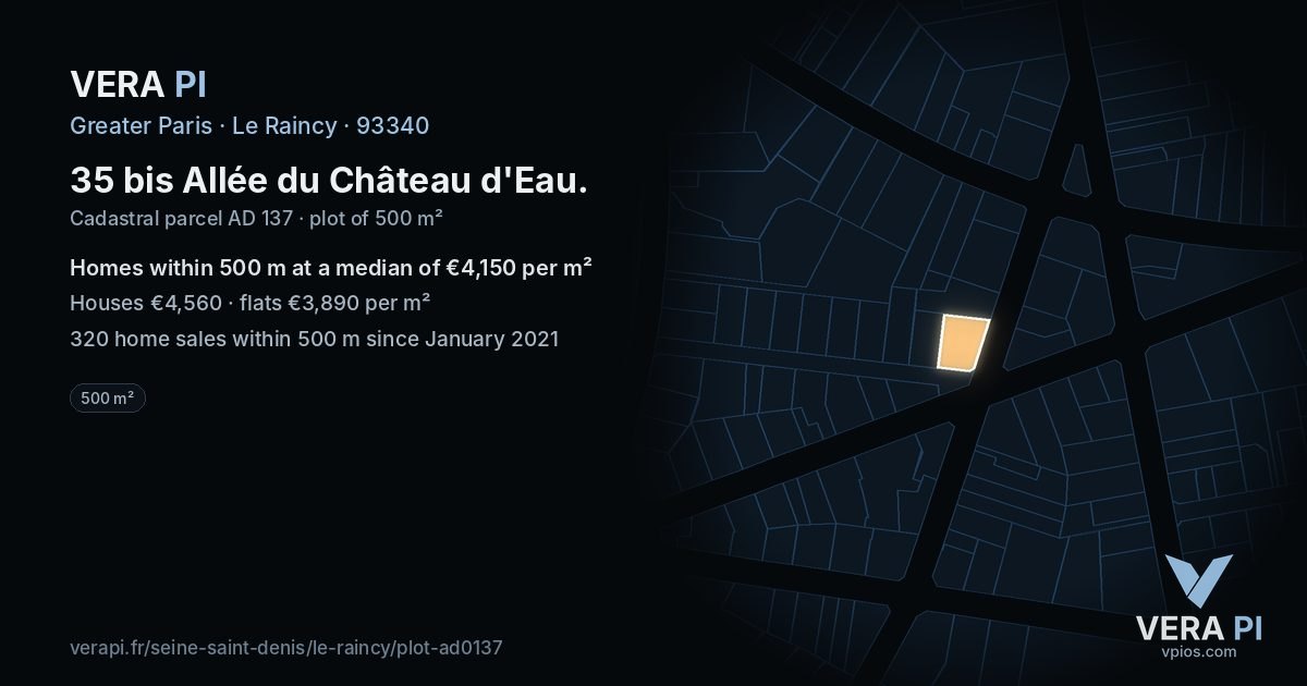 35 bis Allée du Château d'Eau, Le Raincy at night – the plot lit, the parcels around coloured by the prices near them