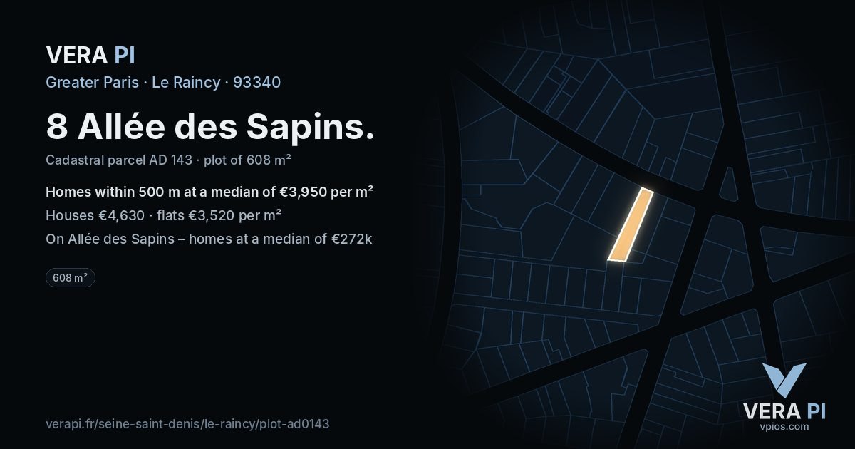 8 Allée des Sapins, Le Raincy at night – the plot lit, the parcels around coloured by the prices near them