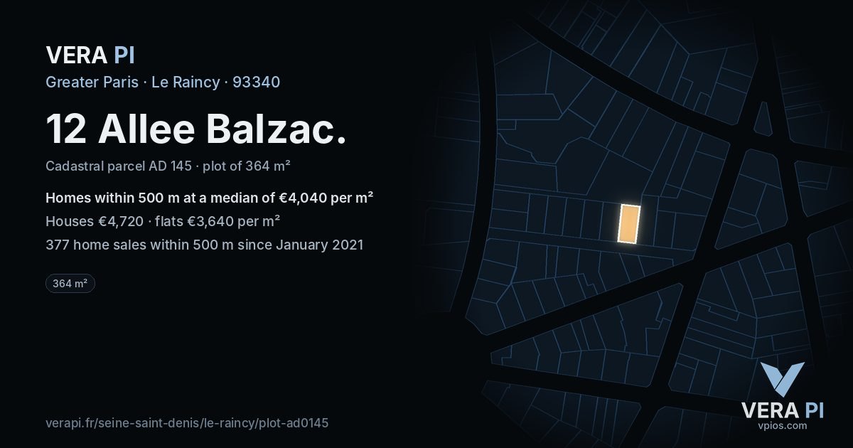 12 Allee Balzac, Le Raincy at night – the plot lit, the parcels around coloured by the prices near them
