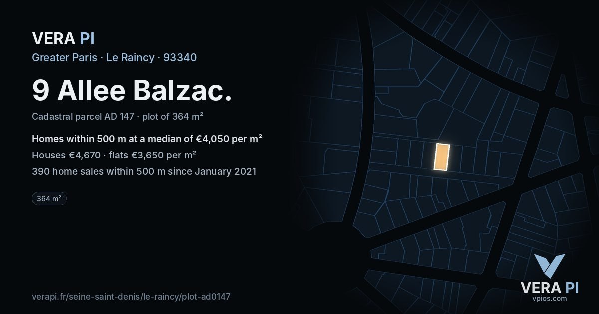 9 Allee Balzac, Le Raincy at night – the plot lit, the parcels around coloured by the prices near them