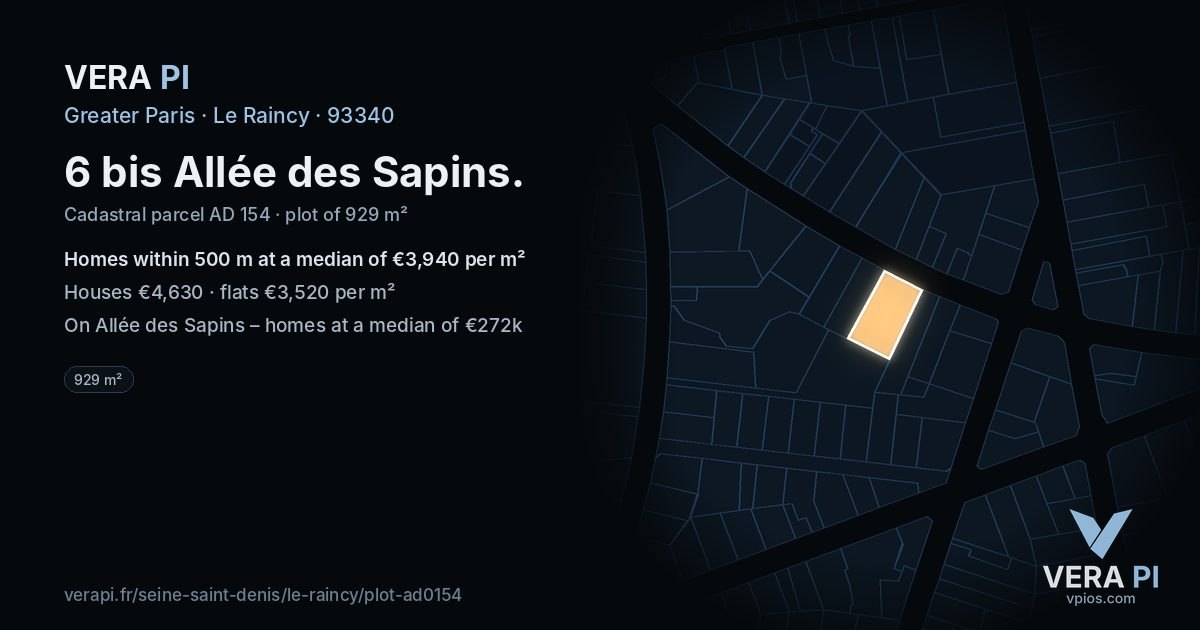 6 bis Allée des Sapins, Le Raincy at night – the plot lit, the parcels around coloured by the prices near them