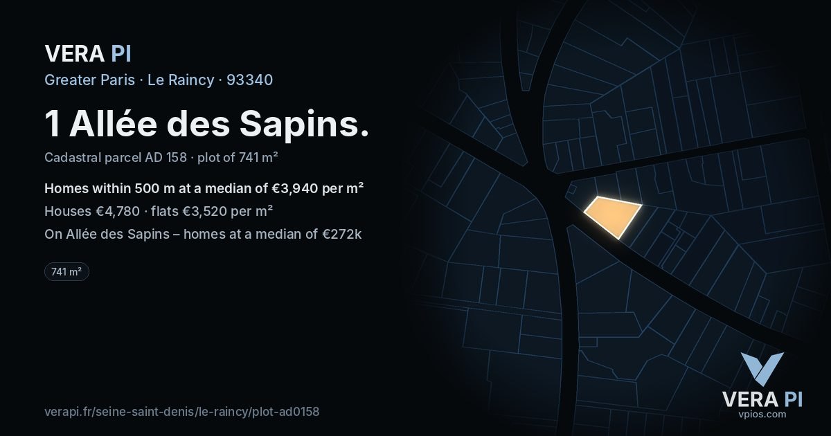 1 Allée des Sapins, Le Raincy at night – the plot lit, the parcels around coloured by the prices near them