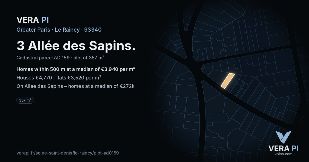 3 Allée des Sapins, Le Raincy at night – the plot lit, the parcels around coloured by the prices near them