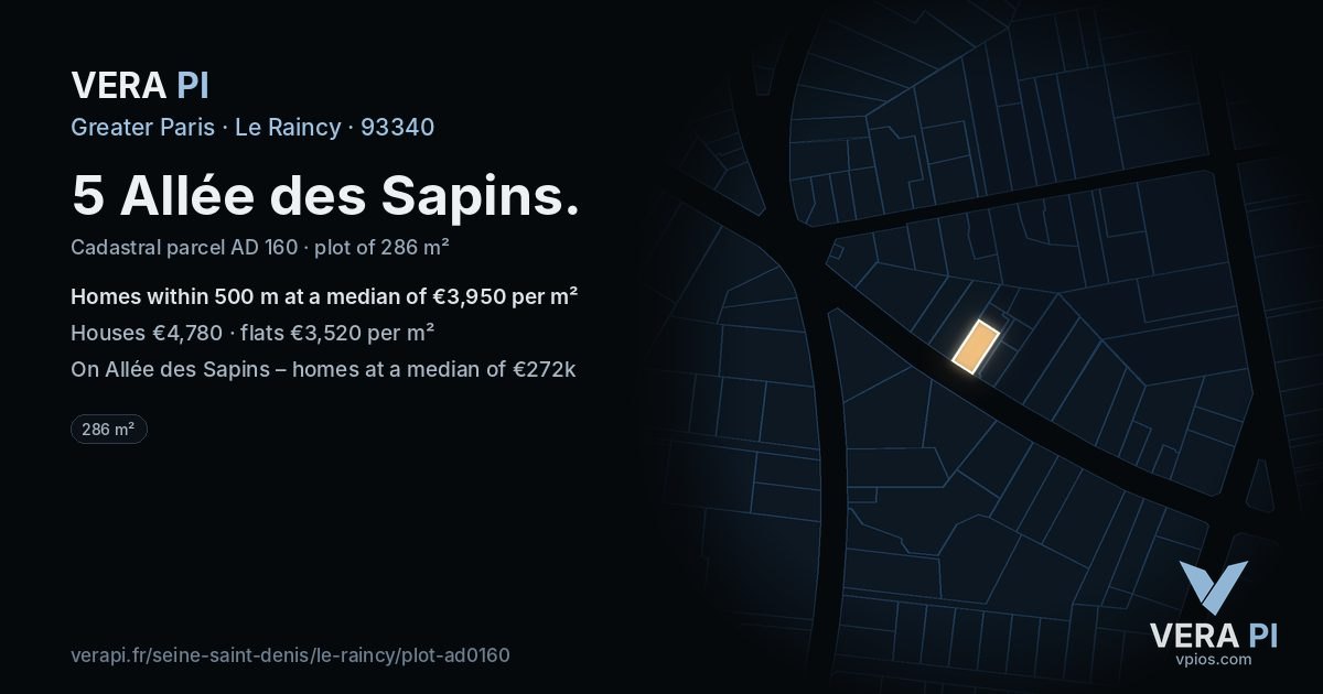 5 Allée des Sapins, Le Raincy at night – the plot lit, the parcels around coloured by the prices near them