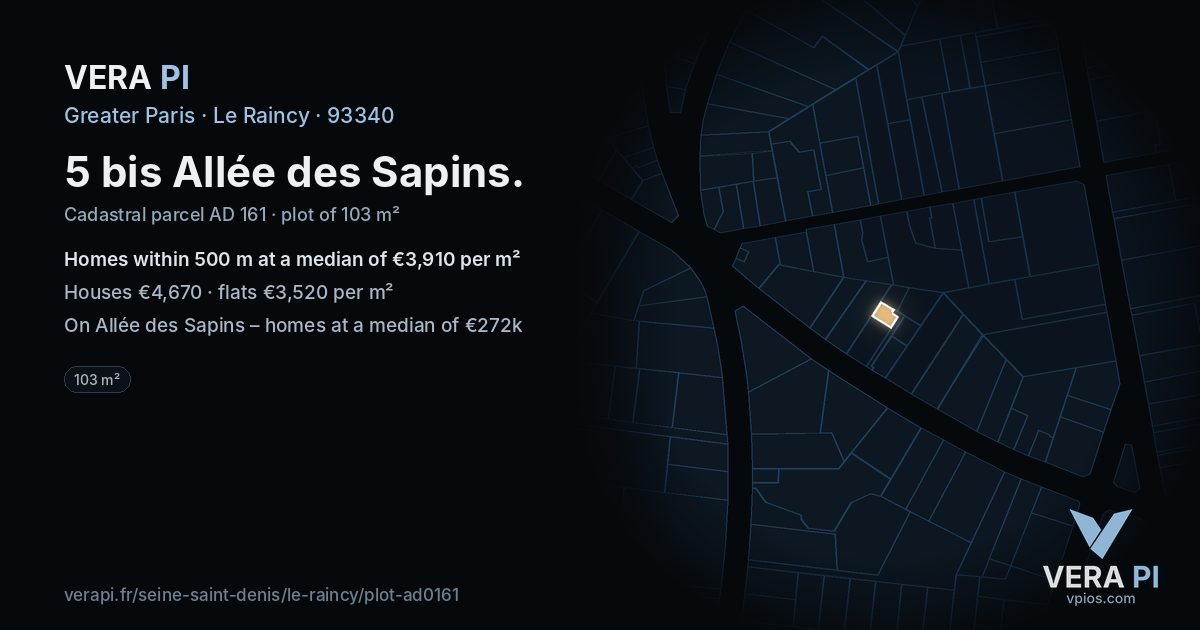 5 bis Allée des Sapins, Le Raincy at night – the plot lit, the parcels around coloured by the prices near them
