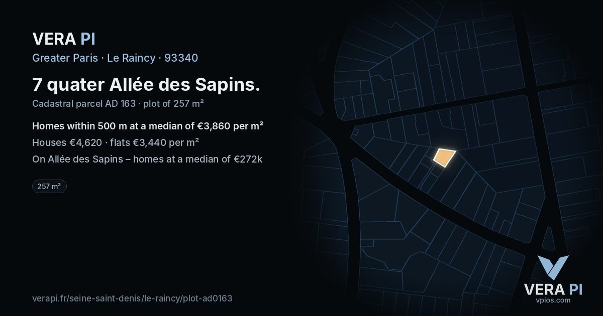 7 quater Allée des Sapins, Le Raincy at night – the plot lit, the parcels around coloured by the prices near them