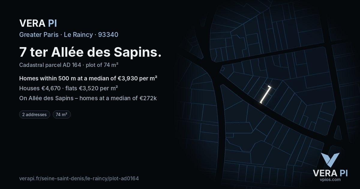 7 ter Allée des Sapins, Le Raincy at night – the plot lit, the parcels around coloured by the prices near them