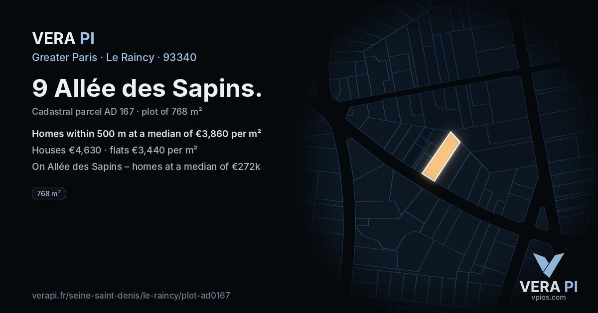 9 Allée des Sapins, Le Raincy at night – the plot lit, the parcels around coloured by the prices near them