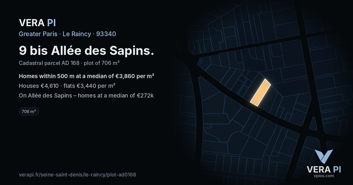 9 bis Allée des Sapins, Le Raincy at night – the plot lit, the parcels around coloured by the prices near them