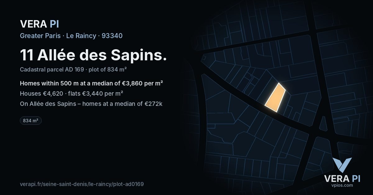 11 Allée des Sapins, Le Raincy at night – the plot lit, the parcels around coloured by the prices near them