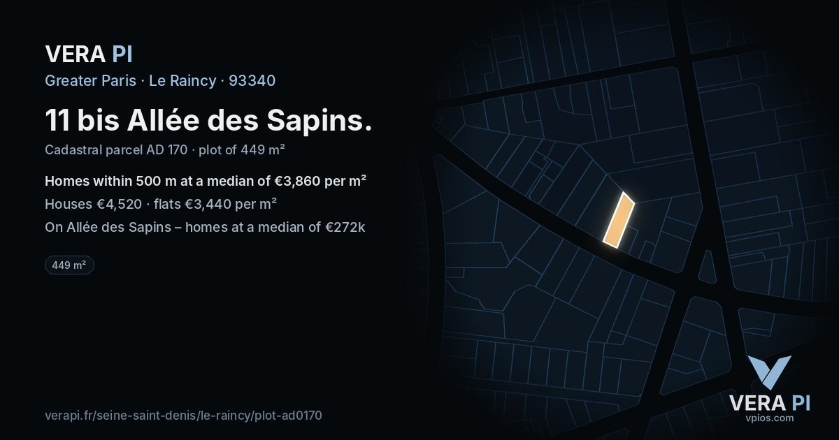 11 bis Allée des Sapins, Le Raincy at night – the plot lit, the parcels around coloured by the prices near them