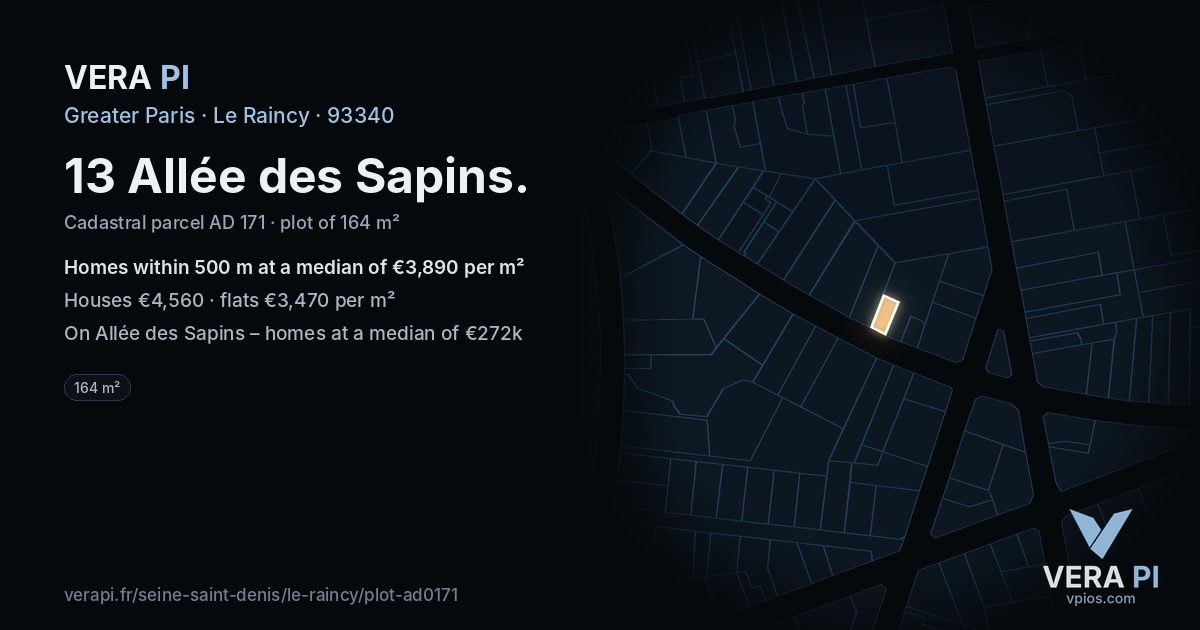 13 Allée des Sapins, Le Raincy at night – the plot lit, the parcels around coloured by the prices near them