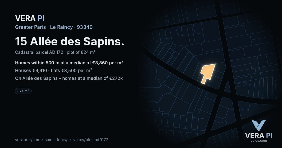 15 Allée des Sapins, Le Raincy at night – the plot lit, the parcels around coloured by the prices near them