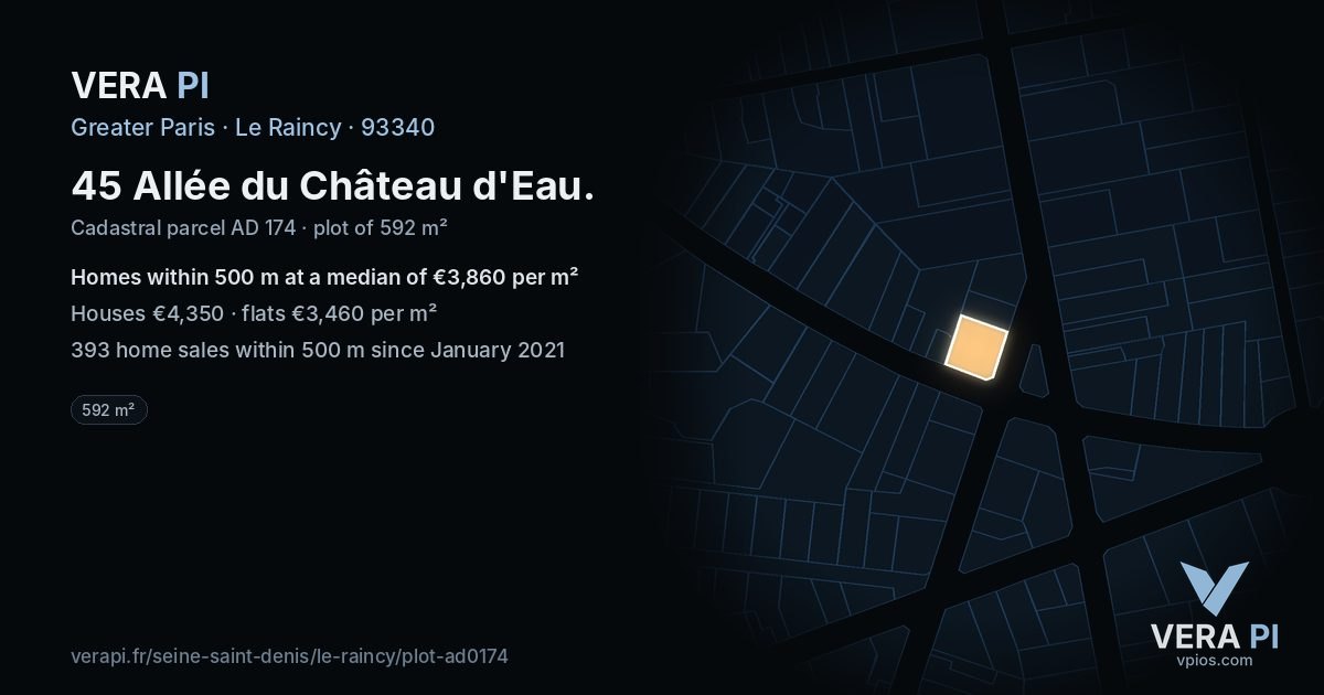 45 Allée du Château d'Eau, Le Raincy at night – the plot lit, the parcels around coloured by the prices near them