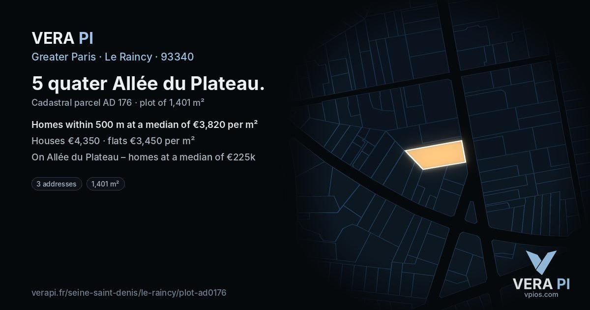 5 quater Allée du Plateau, Le Raincy at night – the plot lit, the parcels around coloured by the prices near them