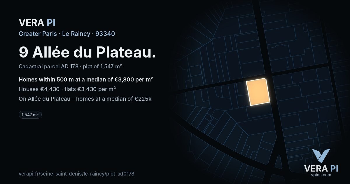 9 Allée du Plateau, Le Raincy at night – the plot lit, the parcels around coloured by the prices near them