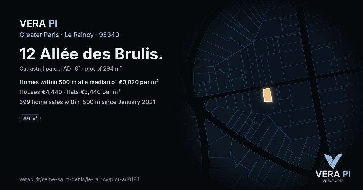 12 Allée des Brulis, Le Raincy at night – the plot lit, the parcels around coloured by the prices near them