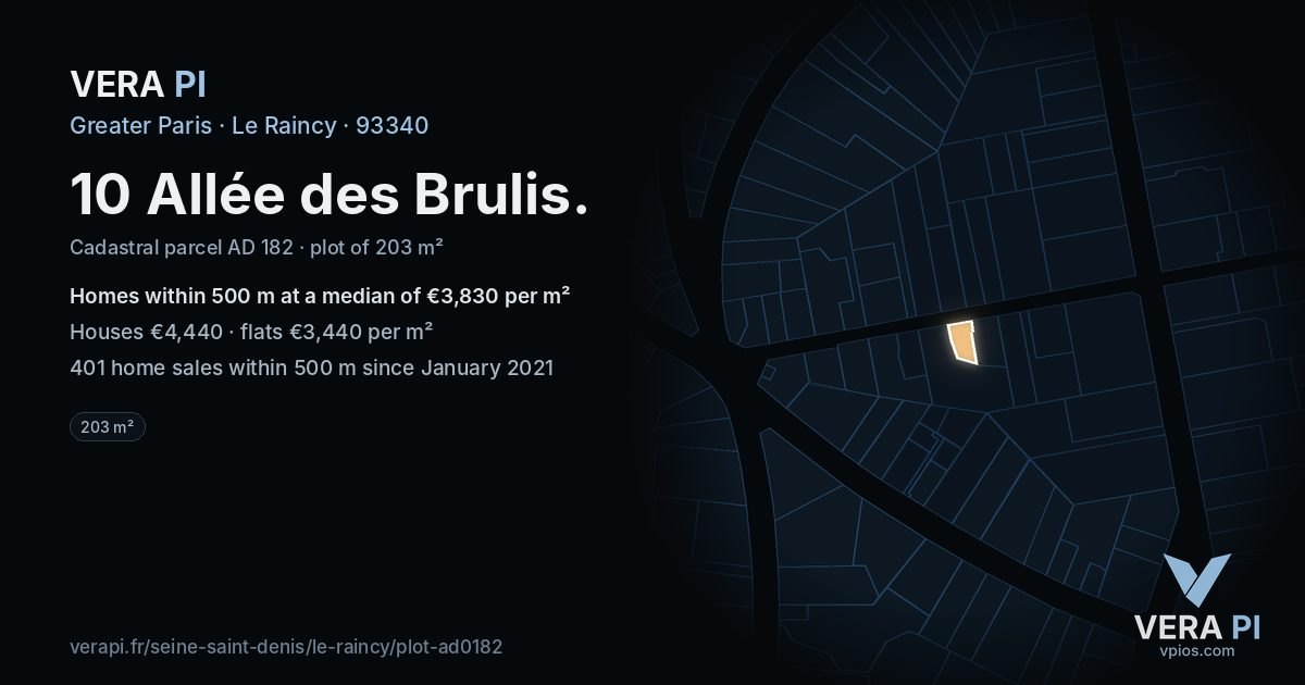 10 Allée des Brulis, Le Raincy at night – the plot lit, the parcels around coloured by the prices near them