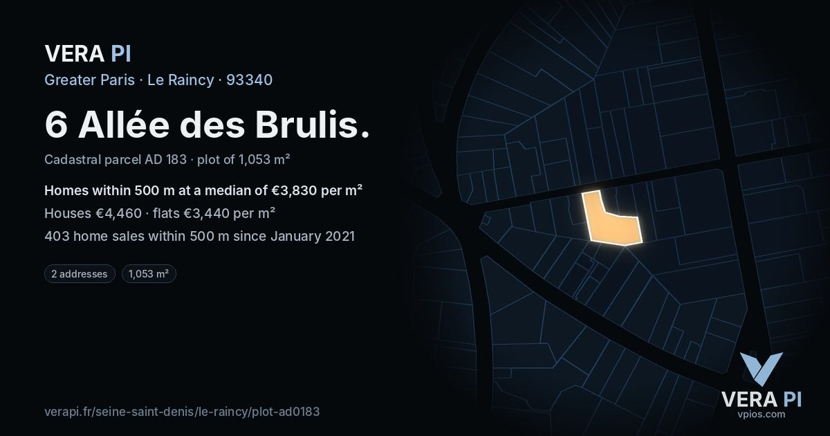 6 Allée des Brulis, Le Raincy at night – the plot lit, the parcels around coloured by the prices near them