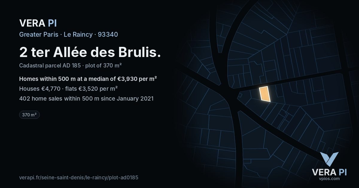 2 ter Allée des Brulis, Le Raincy at night – the plot lit, the parcels around coloured by the prices near them