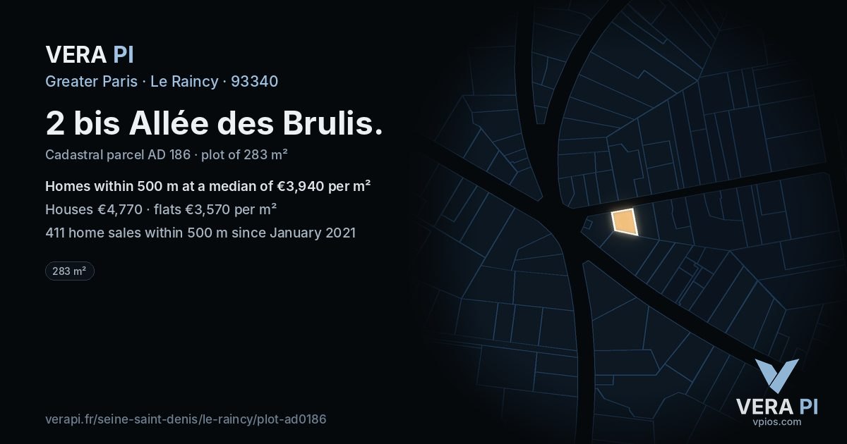2 bis Allée des Brulis, Le Raincy at night – the plot lit, the parcels around coloured by the prices near them