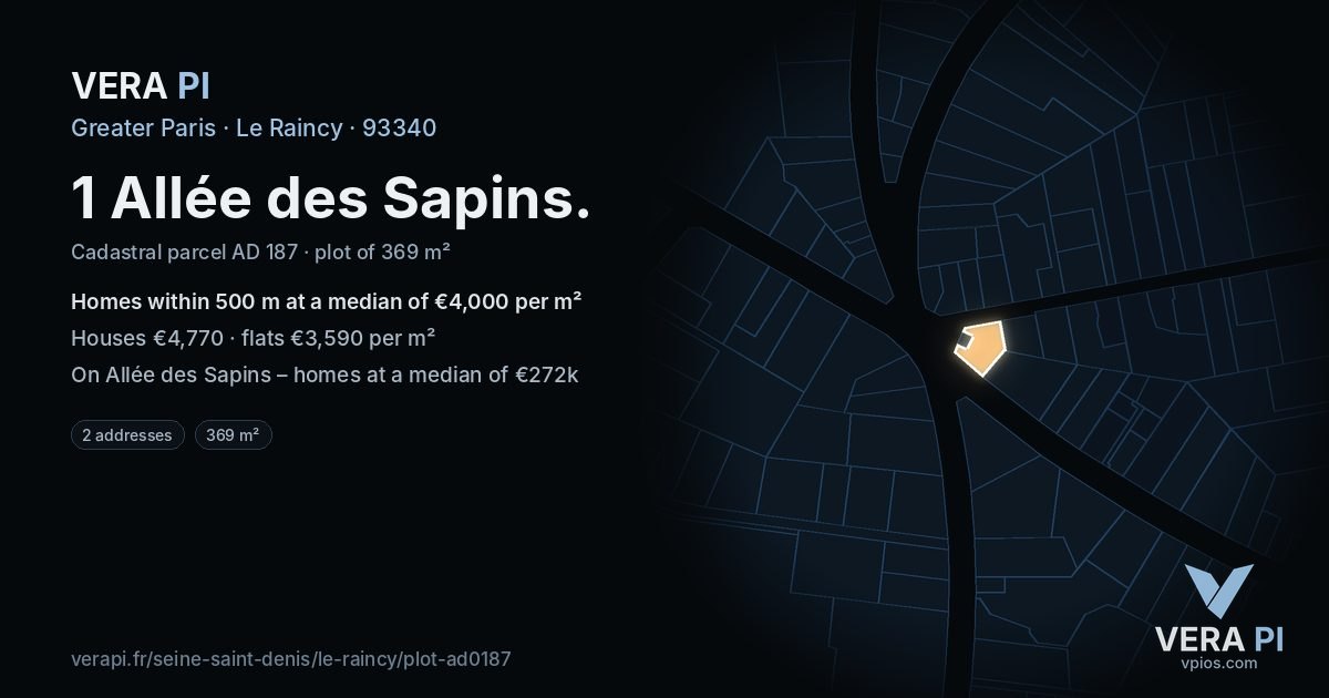 1 Allée des Sapins, Le Raincy at night – the plot lit, the parcels around coloured by the prices near them