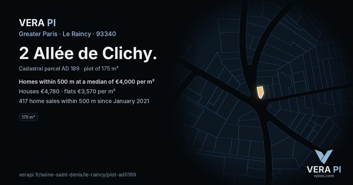 2 Allée de Clichy, Le Raincy at night – the plot lit, the parcels around coloured by the prices near them