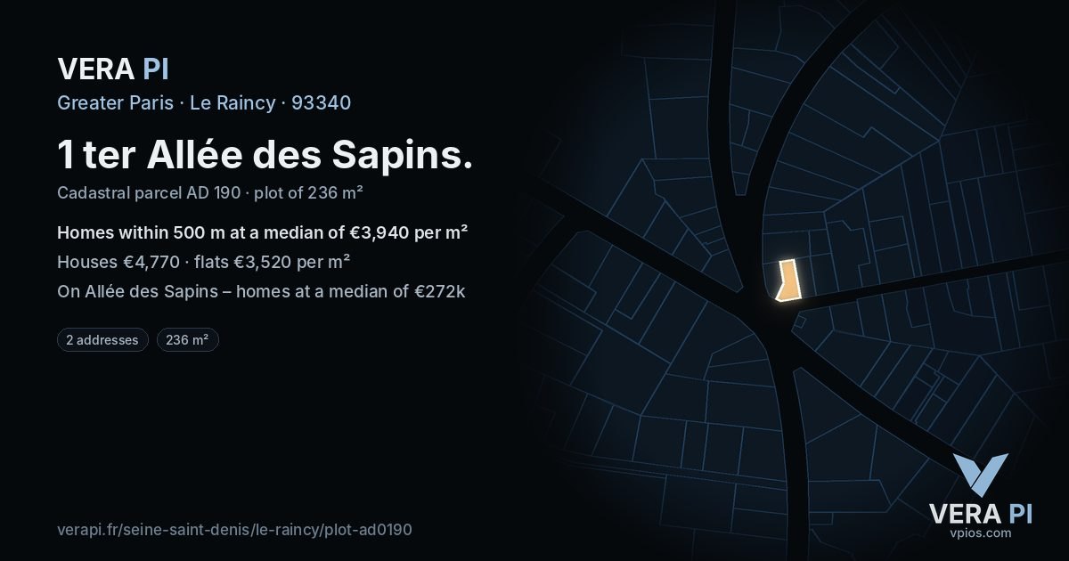 1 ter Allée des Sapins, Le Raincy at night – the plot lit, the parcels around coloured by the prices near them