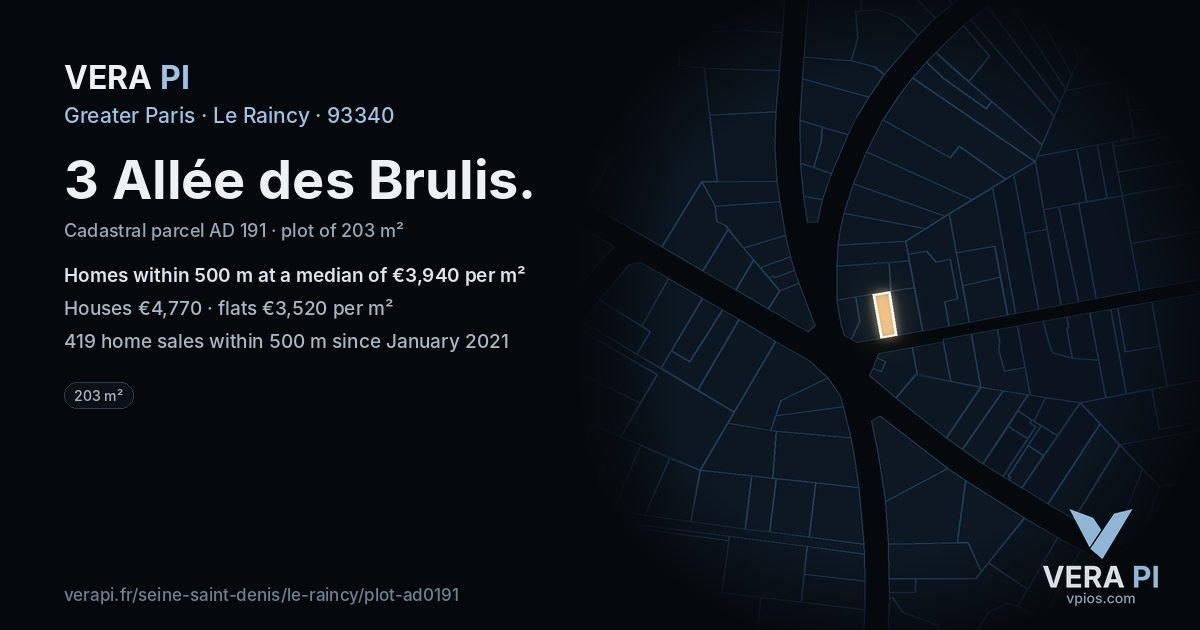 3 Allée des Brulis, Le Raincy at night – the plot lit, the parcels around coloured by the prices near them