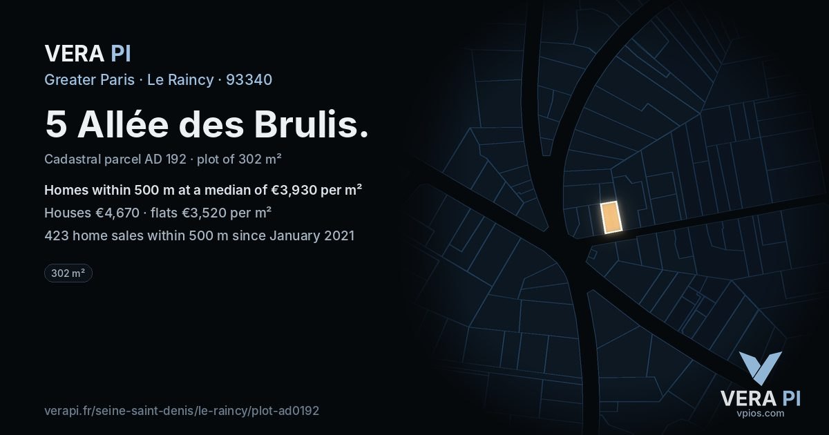 5 Allée des Brulis, Le Raincy at night – the plot lit, the parcels around coloured by the prices near them