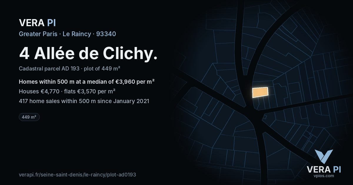 4 Allée de Clichy, Le Raincy at night – the plot lit, the parcels around coloured by the prices near them