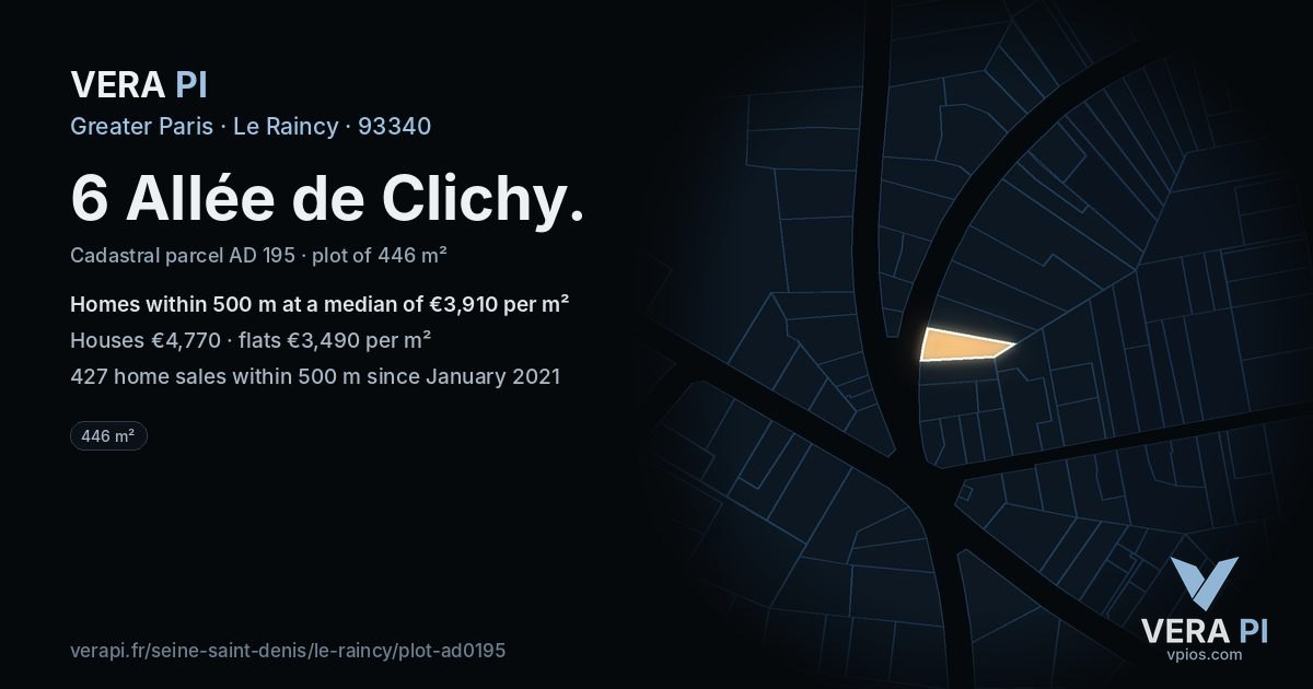 6 Allée de Clichy, Le Raincy at night – the plot lit, the parcels around coloured by the prices near them