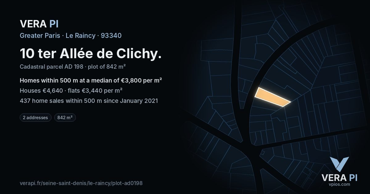 10 ter Allée de Clichy, Le Raincy at night – the plot lit, the parcels around coloured by the prices near them