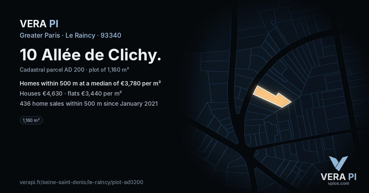 10 Allée de Clichy, Le Raincy at night – the plot lit, the parcels around coloured by the prices near them