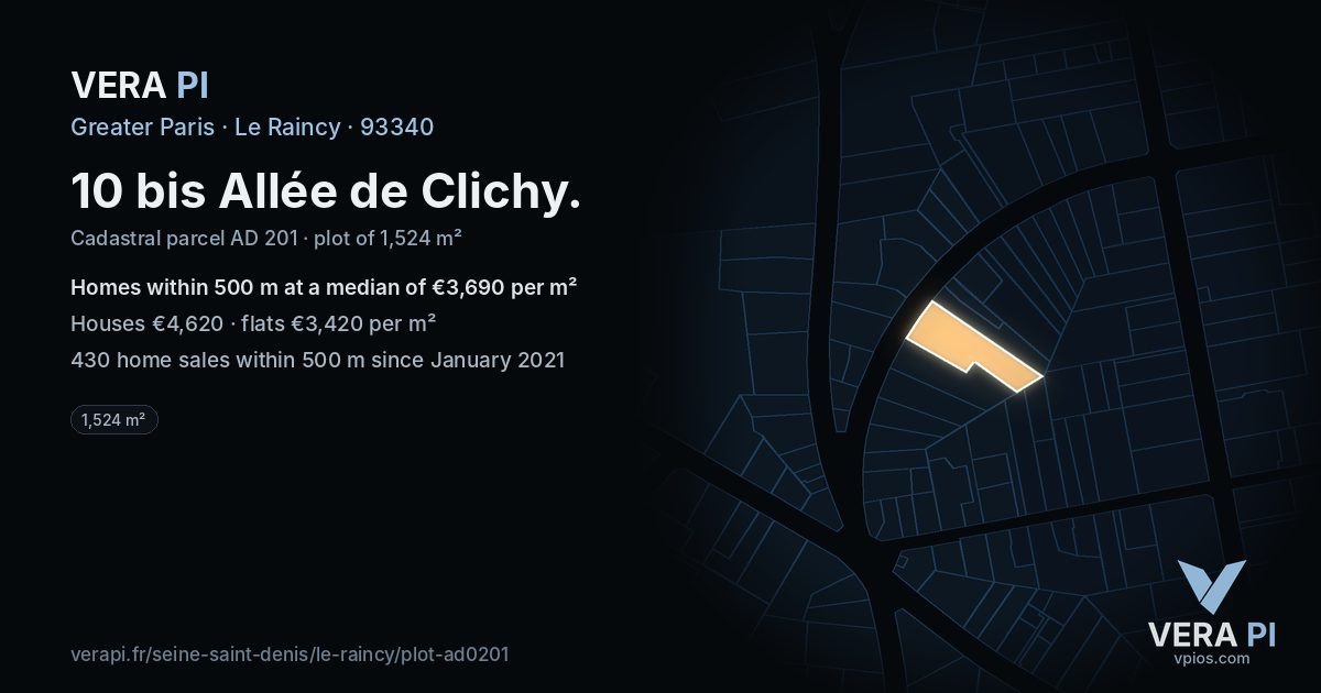 10 bis Allée de Clichy, Le Raincy at night – the plot lit, the parcels around coloured by the prices near them