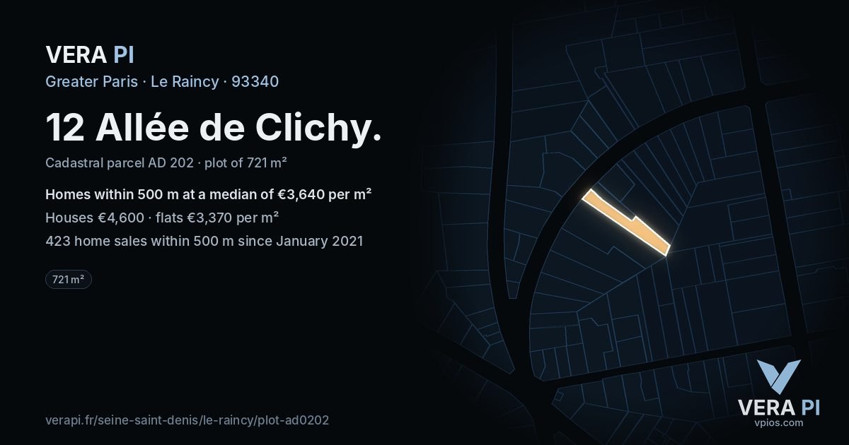 12 Allée de Clichy, Le Raincy at night – the plot lit, the parcels around coloured by the prices near them
